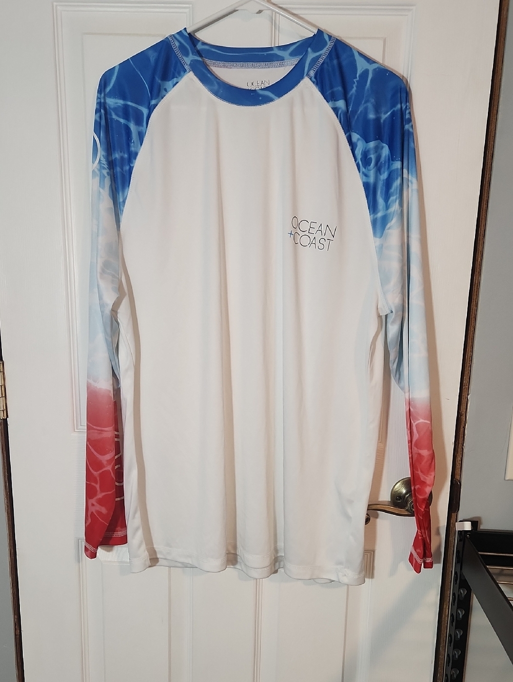 Ocean + Coast Men’s White Rash Guard with Blue and Red Fade Sleeves